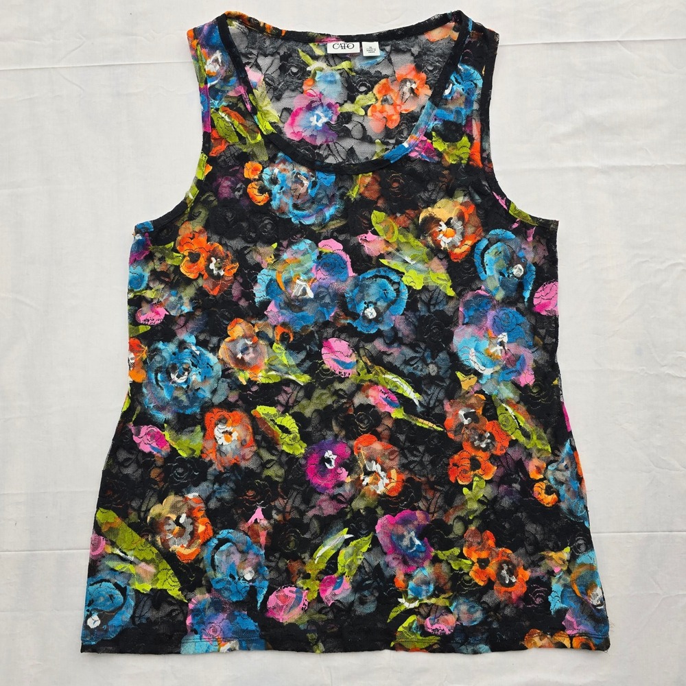 Cato Women's XL Y2K Floral Lace Sheer Tank Top Black Multicolor Sleeveless